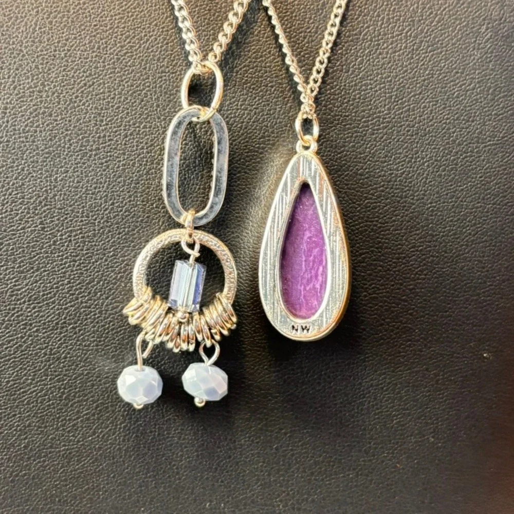 Pendant Necklace Set Purple Silver Boho Whimsygoth Statement